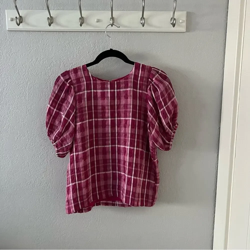 Madewell Pink Plaid Puff-Sleeve Top